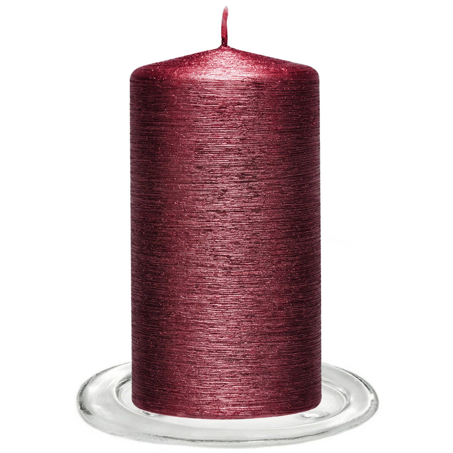 Enlightening Candles Trend Candles - Stompkaarsen met glazen onderzetters set van 2x stuks donkerrood 7 x 13 cm