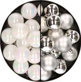 Decoris Kerstversiering 32x stuks kunststof kerstballen mix van parelmoer wit en zilver 4 cm