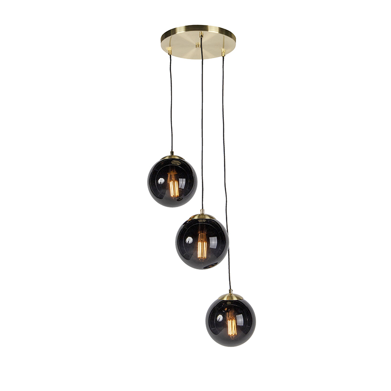 QAZQA Art deco hanglamp messing met 3 zwarte glazen - Pallon