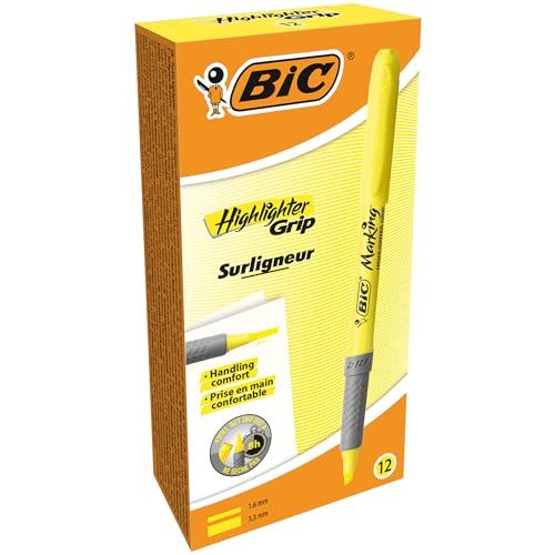 BIC Highlighter Grip Markeerstiften Verstelbare Schuine Punt - Geel, Doos van 12 Stuks