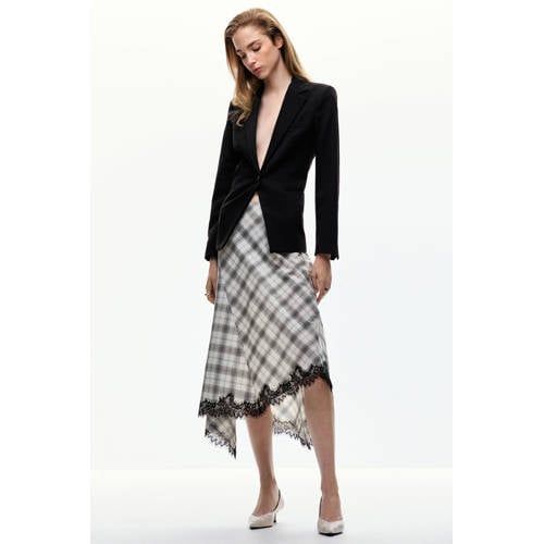Mango White Checked Midi Skirt