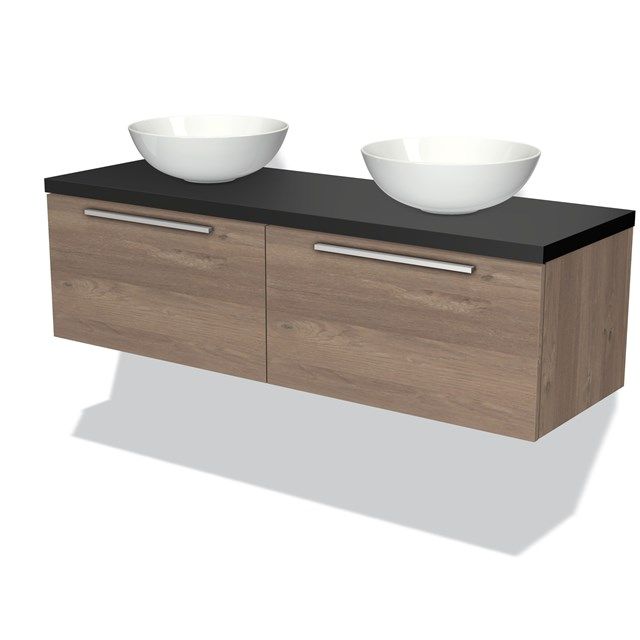 Maxaro Badkamermeubel Modulo Plato 140cm - Middenbruin Eiken - 2 Lades - Vlak Mat Zwart Blad