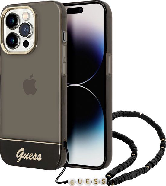 Guess hoesje voor iPhone 14 Pro - Backcover - Doorzichtig - met koord - Zwart