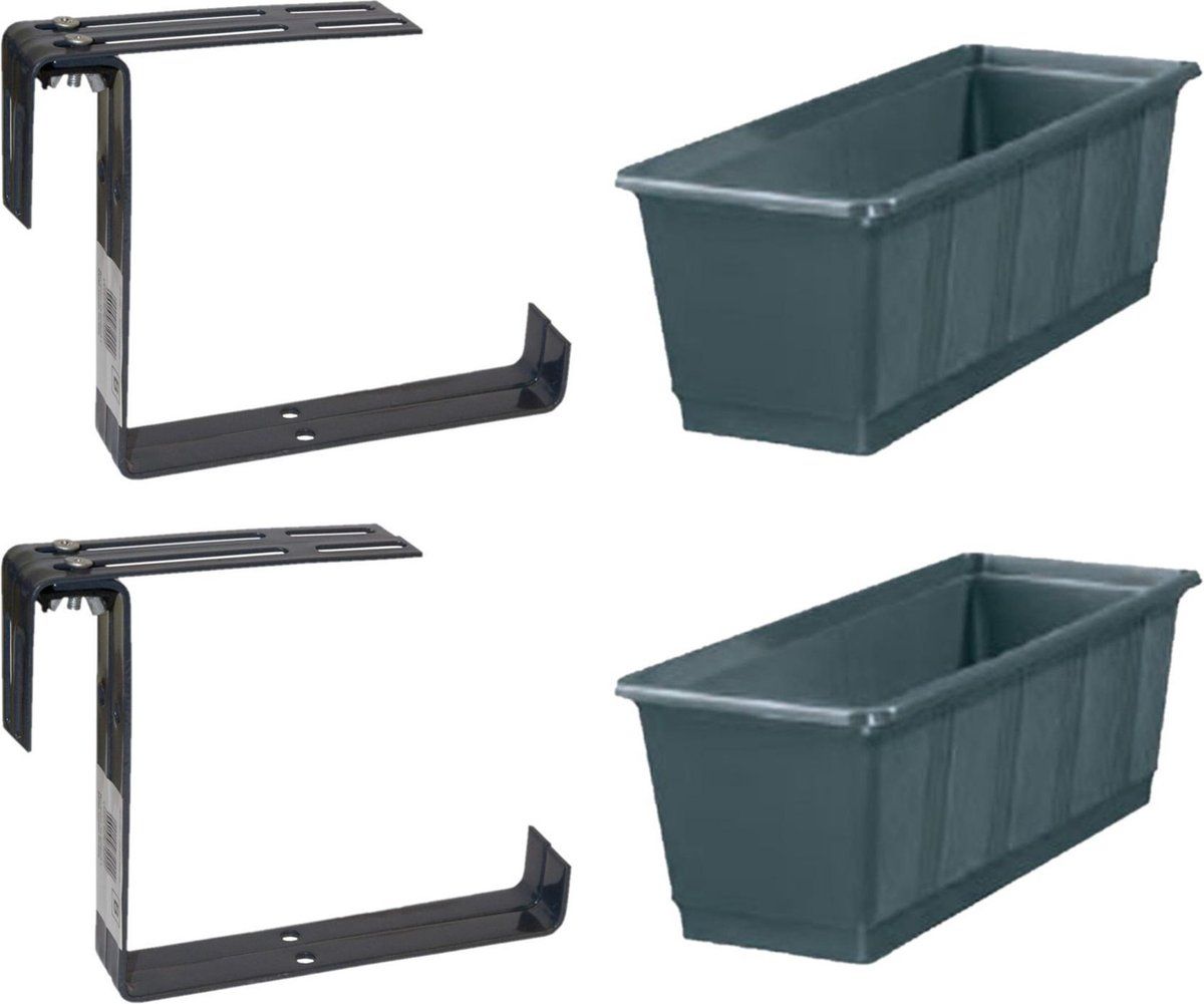 Geli Set van 3 plantenbakken antraciet grijs rechthoekig 40 cm met 6 verstelbare railing beugels