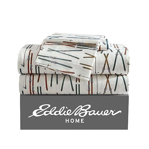 Eddie Bauer Queensize lakens, katoenen flanellen beddengoedset, geborsteld voor extra zachtheid, gezellige woondecoratie (skilijn wit, queen)