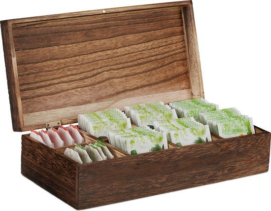 Vintage Tea Box - 8 Compartments - For 80 Tea Bags - With Lid - Wood - Brown
