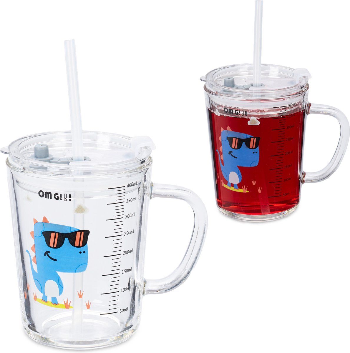 Relaxdays Drinkglazen - Set van 2 - Dinosaurus - Met Rietje - Kinderen