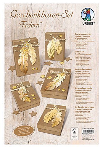 Ursus 27930099F - Geschenkdozen, set veren, crème/goud, 2 grote en 3 kleine dozen, voorgestanst en gegroefd, inclusief knutselhandleiding, ideaal voor kleine verrassingen