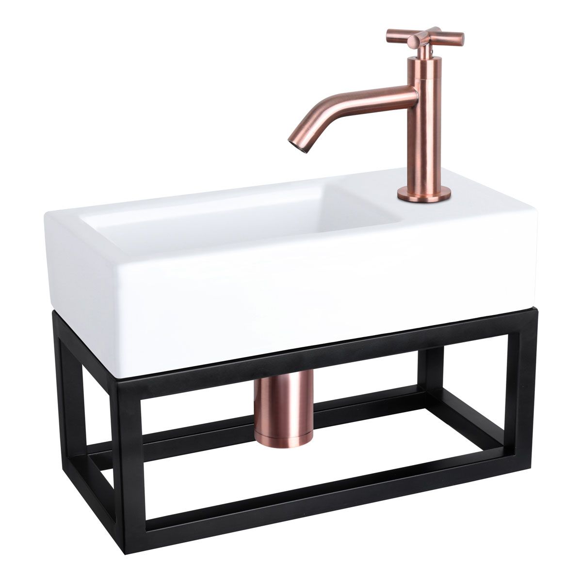 Differnz Fonteinset Rechthoek 38.5x18.5x24.5cm Keramiek Wit Handdoekrek Kruisgreep Toiletkraan Clickwaste Sifon Geborsteld Koper