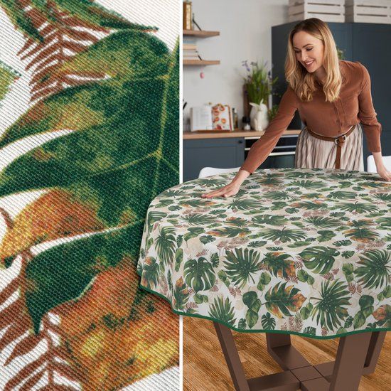 ANRO Tafelkleed Jungle bladeren Meerkleurig Rond Ø140cm Met sierband Afwasbaar Waterafstotend
