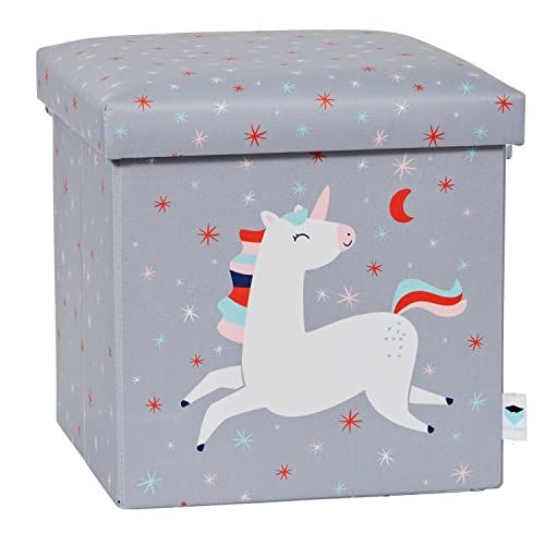 LOVE !T STORE !T - Zitkubus met opbergruimte voor de kinderkamer – 35 x 35 x 35 cm – grijs met eenhoornmotief