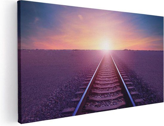 Artaza Canvas Schilderij Rails Spoorweg In De Woestijn Bij Zonondergang - 60x30 cm - Canvas Print