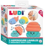 Ludi - Aquacopains - 3 wasbare en verwisselbare siliconen sproeiers - 3 dierensproeiers om in bad of op het strand te spelen - vanaf 10 maanden