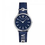 Versace VE8104222 dameshorloge - Roestvrij Staal - Zilverkleurig - Blauw Kalfsleer