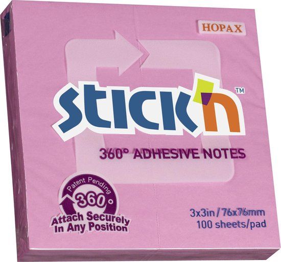Stick'n Adhesive Notes - 360 Graden - Lijmrand - Sticky Notes - 76x76mm - Roze - 100 Memoblaadjes