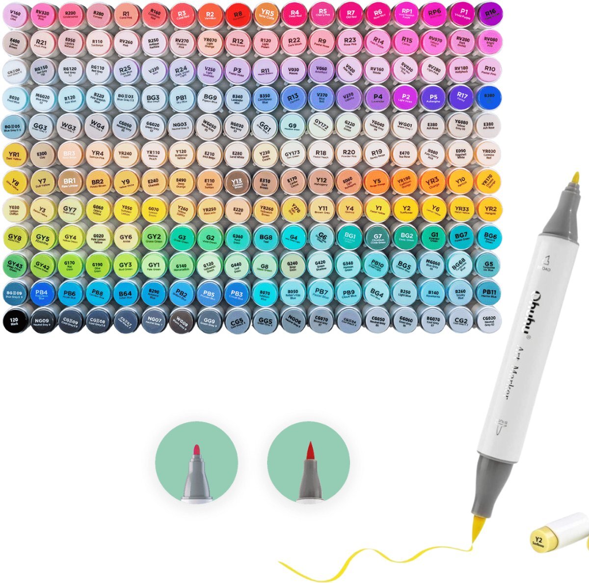 Ohuhu - Alcohol based Art markers Brush & Fine - set van 216 + Blender + etui