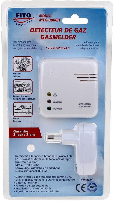Garvan Fito Gasmelder MTG-3000H - 12V incl. adapter en aanstekerplug - Wit