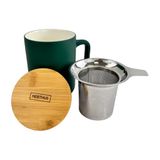 Nerthus FIH 1569 keramische mok 375 ml met roestvrij stalen infuser en bamboe deksel elegant design ideaal voor thee en infusies zeegroen