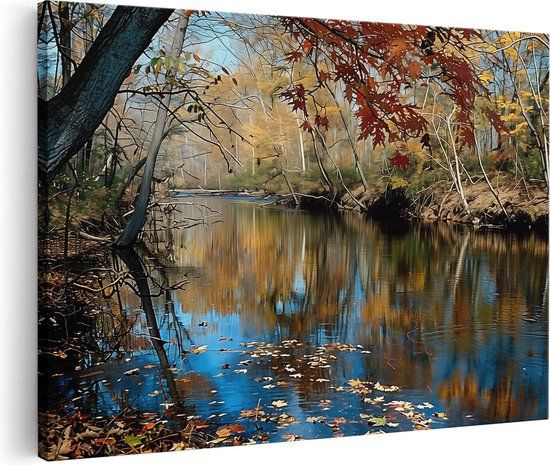 Artaza Canvas Schilderij Herfstbladeren Weerspiegeld in een Rivier - 120x80 cm - Canvas Print