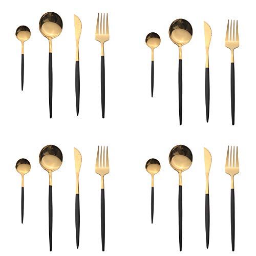 OUQIWEN 16 stuks roestvrij stalen bestek, gouden bestekset, zwart en goud, voor 4 personen