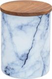 Merkloos Wenko Mio, bewaardoos van borosilicaatglas in marmerlook in blauw/wit, met luchtdicht afsluitbaar deksel van FSC®-gecertificeerd bruin acaciahout, 0,5 l, 11 x 8,5 cm
