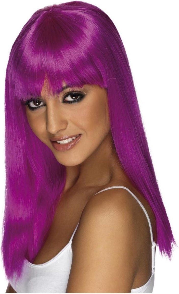 Generik Pruik - Paars - Glamourama - Lang - Fluor / neon