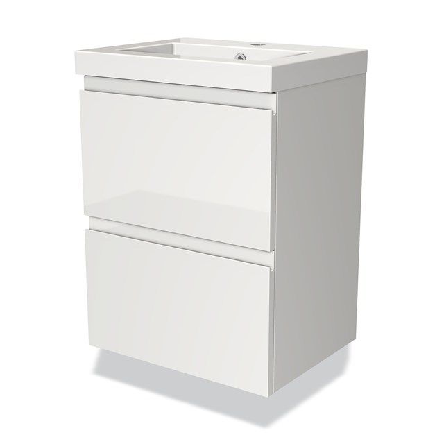 Maxaro Badkamermeubel 50cm Modulo Slim Hoogglans Wit 2 Lades Greeploos Wastafel Mineraalmarmer