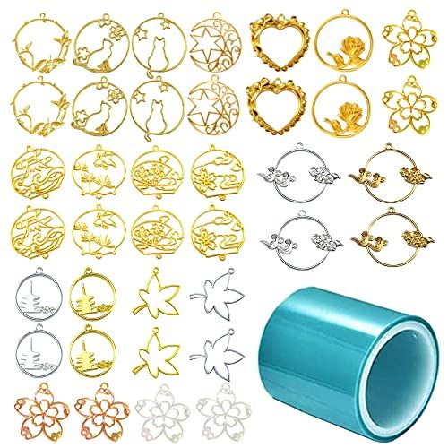 Allazone Open Bezel Charms - 28 STKS Bloemen en Vogels Open Bezels voor Hars - 8 Stijl Legering Frame Hangers Holle Hars Frames met Ketting voor Hars Casting, Kettingen Oorbellen Maken Levert, Metaal