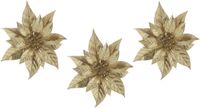 Cosy & Trendy Decoratie bloem - 3x stuks - kerstster - op clip - goud - glitter -18 cm - kunststof - kerstversiering