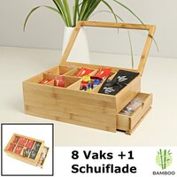 Luxe Bamboe Theedoos - 9 Vaks met Doorzichtig Venster - 34x24x14cm