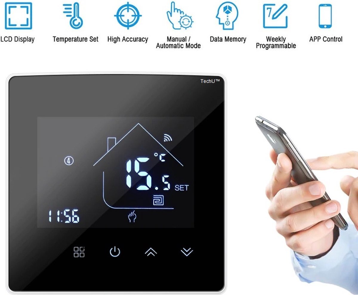 TechU™ Slimme Thermostaat Max voor Boiler – Wifi & Gratis App – Stembediening Google Assistant & Alexa Amazon – Zwart met witte rand – Water/Gas Boiler
