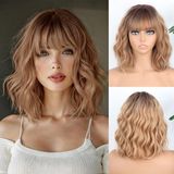 MISSQUEEN Korte blonde pruik met pony krullend golvend synthetisch ombre blonde pruiken voor vrouwen, golvende dagelijkse pruiken