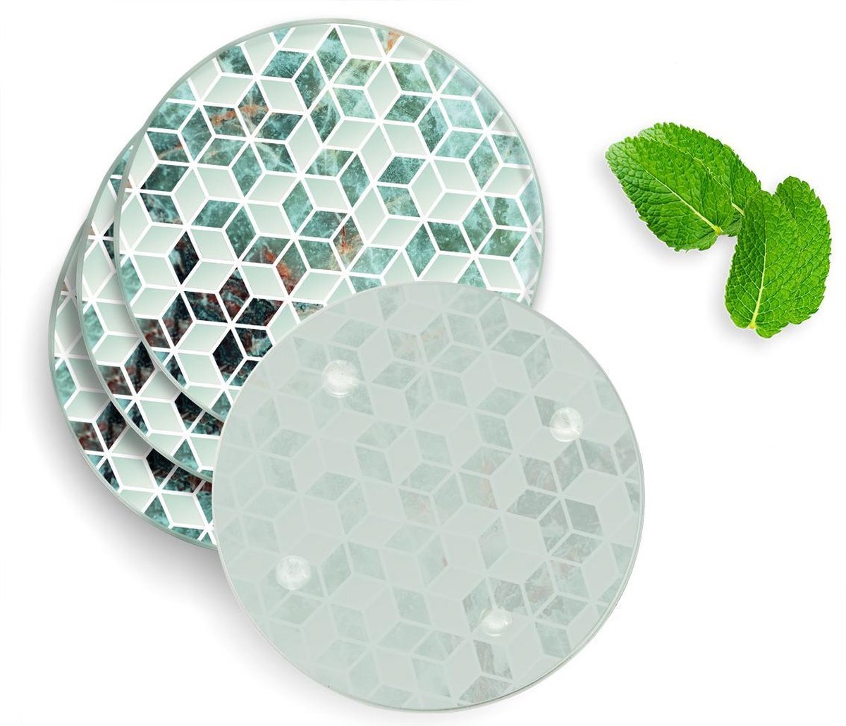 qMust 4 Luxe Glazen Onderzetters - Design Groen Hexagon Marmer - Rond