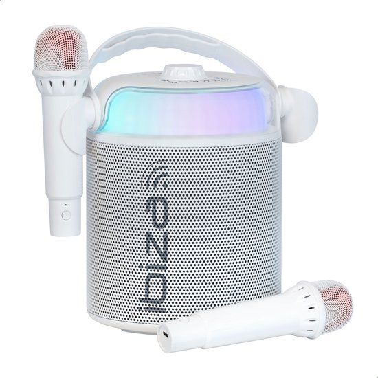 Ibiza - KARAHOME-WH - Karaoke Speaker op Batterij 120W met 2 Draadloze Microfoons - Bluetooth, USB, MicroSD, AUX, COAX, LED - Wit