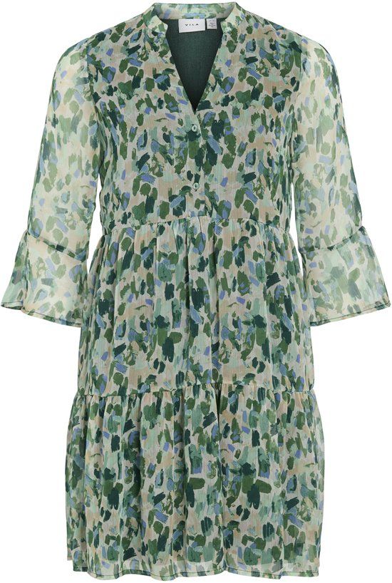 VILA Dames Jurk VIEMMA 3/4 V-NECK SHORT DRESS/KA - Maat 38 - Polyester - Gebloemd - Groen