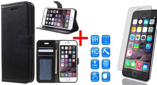 iCall Apple iPhone 8 Plus / 7 Plus - Lederen TPU Wallet Case Zwart - 360 beschermend Telefoonhoesje + Tempered Glass Screenprotector