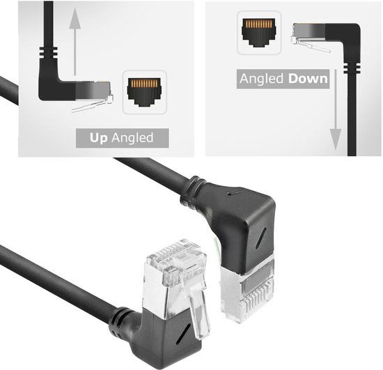ACT Zwarte 0,15 meter U/FTP CAT6A LSZH Slimline patchkabel met RJ45 connectoren 90° haaks beneden naar 90° haaks boven DA7930