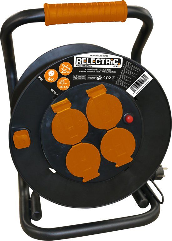 RELEC Electric R Kabelhaspel - 25m - 4 stopcontacten - 3000W - Randaarde - IP44 - RELEC492190