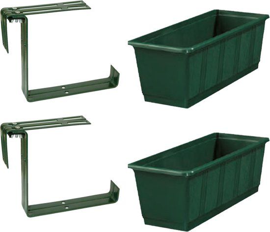Geli Set van 5 plantenbakken donkergroen rechthoekig 40 cm met 10 railing beugels