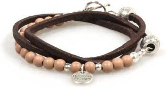 Heaven Eleven - dames armband - wikkelarmband bruine leren armband met kraal