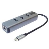 PREMIUMCORD USB-C naar Gigabit RJ45 adapter + 3x USB A, Ethernet RJ45 10/100/1000 Mbps, SuperSpeed 3.2 Gen1 5 Gbit/s, voor pc, laptop, toetsenborden, muis, SSD, metalen behuizing, 15 cm