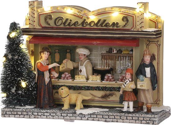 LuVille Kerstdorp Miniatuur Oliebollenkraam - LED - 16.5 x 6 x 11.5 cm