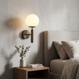 BARCELONA LED Wandlamp "Elsa" met witte melkglazen bol en Zwart metalen aluminium frame