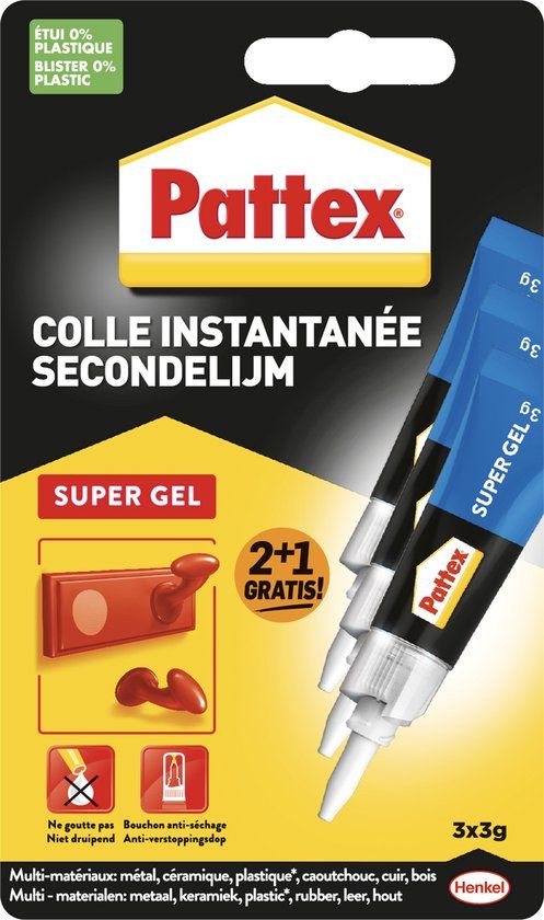 Pattex Super Gel Secondelijm - 3 x 9g - 2+1 Gratis - Niet afdruipend - Verticaal lijmen