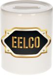 Bellatio Decorations Shoppartners Bv Spaarpot met voornaam Eelco - wit - met goud/zwart embleem - 8 x 9 cm - keramiek - met afsluitdop - cadeau verjaardag