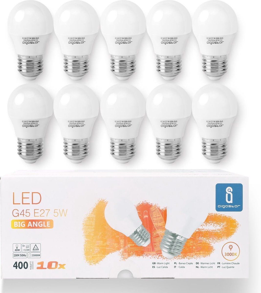 Aigostar LED A5 G45 E27 - 5W - 10 stuks - 3000K