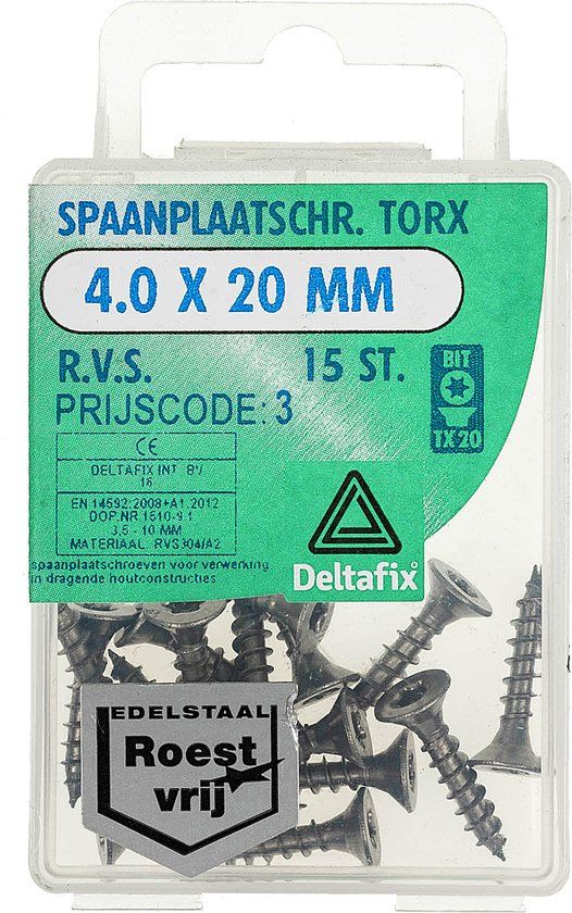 Deltafix Spaanplaatschroef Platkop Torx RVS A2 4.0 x 20 mm 15 stuks