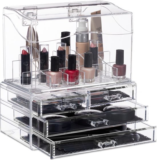 Relaxdays make-up organizer - acrylbox met deksel - 18 vakken - 4 lades - opbergdoos doorzichtig