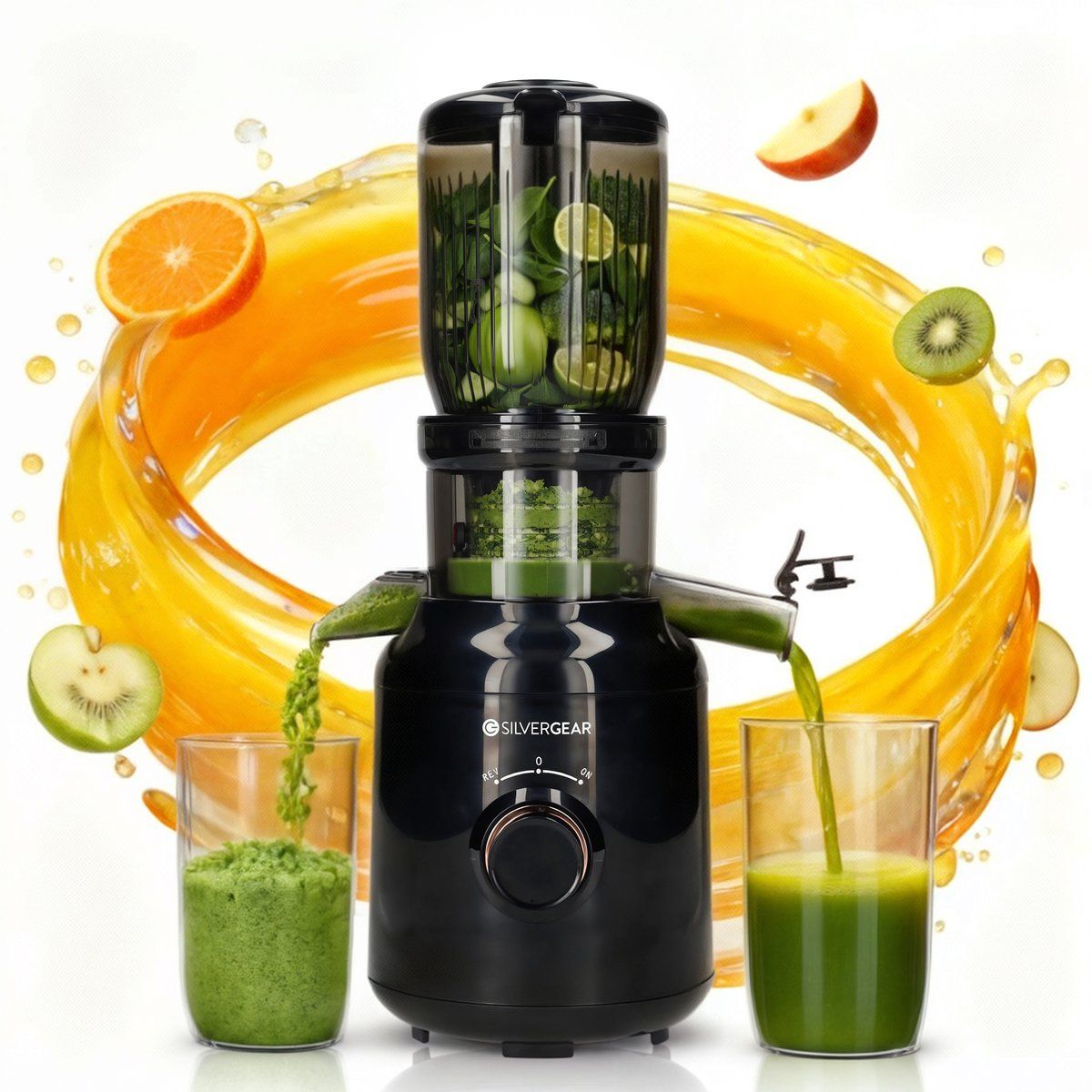 Silvergear Slowjuicer XL 1000ml - Stille Sapcentrifuge - Voor Groenten en Fruit - 104mm Vulopening XXL - Fruitpers - Sapmachine - Citruspers Electrisch - Zwart