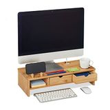 Relaxdays monitorstandaard bamboe, open vak, 2 lades, verhoging voor beeldscherm, laptop, HBD: 13 x 54 x 23 cm, naturel